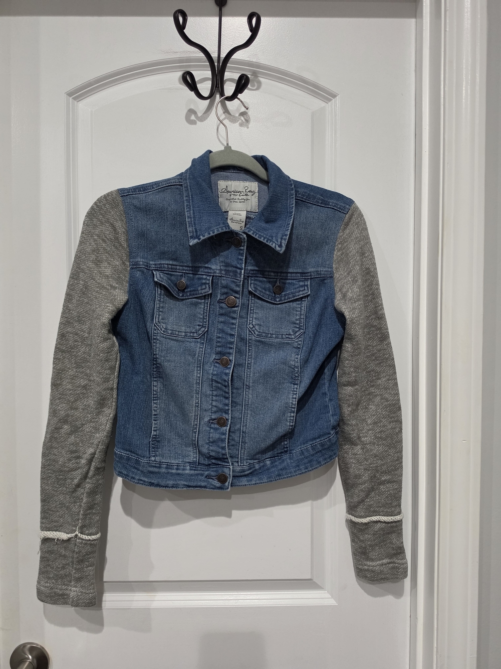 American Rag Blue Denim Jacket with Gray Knit Sleeves